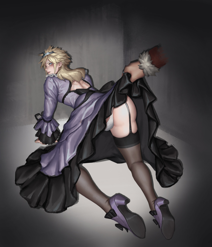 2boys absurdres all_fours ass black_dress black_legwear blue_eyes cloud_strife commentary_request crossdressinging don_corneo dress dress_lift final_fantasy final_fantasy_vii final_fantasy_vii_remake frilled_dress frills from_behind garter_straps high_heels highres huge_filesize legs long_hair looking_back multicolored multicolored_clothes multicolored_dress multiple_boys otoko_no_ko out_of_frame panties pantyshot parted_lips purple_dress purple_footwear shadow sidelocks skindentation skyfiss thigh-highs tiara underwear wide_sleeves