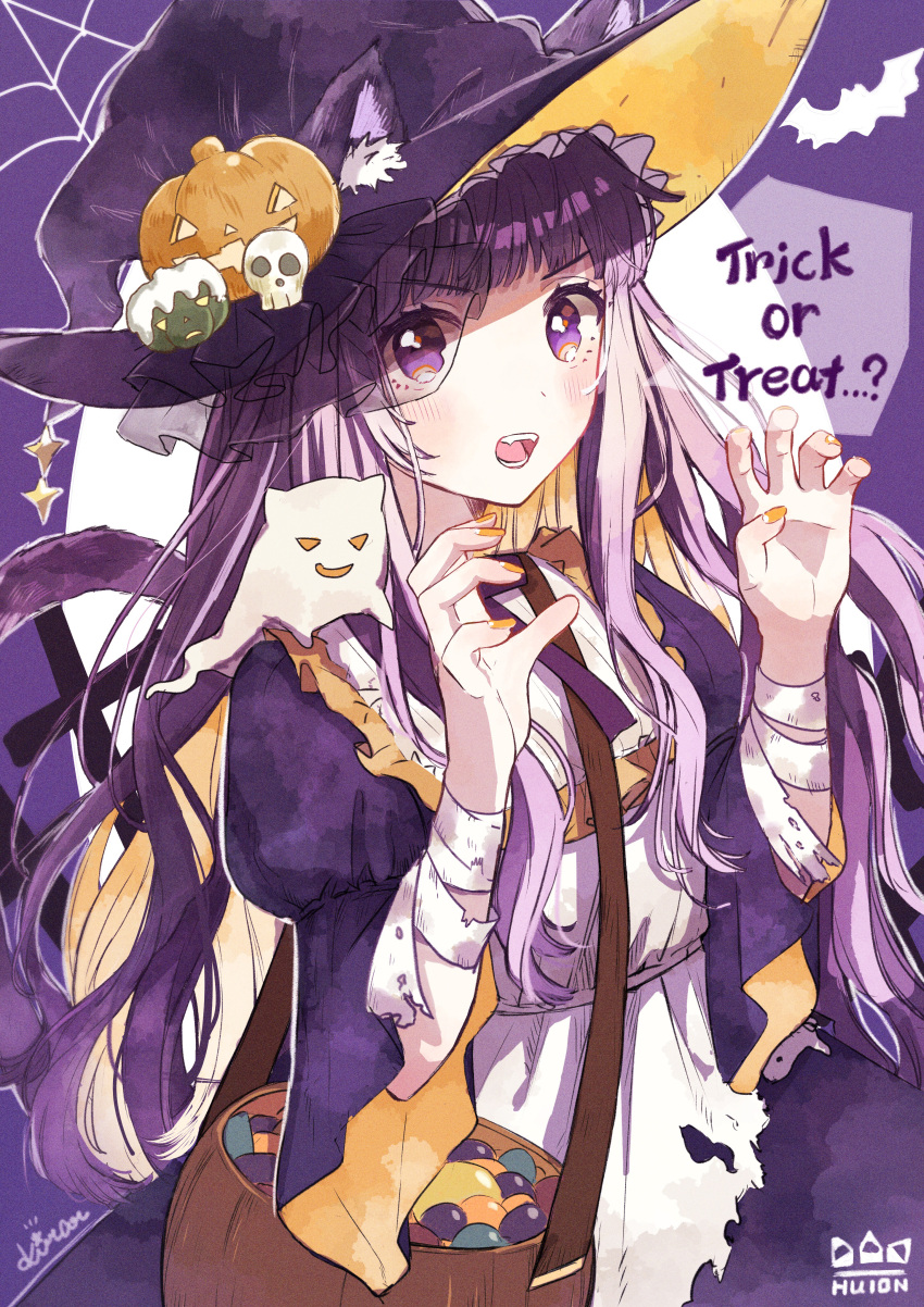 1girl absurdres animal_ears animal_print bandaged_arm bandages bangs bat_print blush brown_bag cat_ears cat_girl cat_tail claw_pose commentary_request copyright_name cowboy_shot dress frilled_jacket frills ghost ghost_tail gokou_ruri halloween hands_up hat highres huion jack-o'-lantern jacket kirari_0810 long_hair long_sleeves looking_at_viewer lower_teeth nail_polish on_shoulder open_mouth orange_nails purple_background purple_hair purple_jacket signature spider_web_background tail teeth torn_clothes upper_teeth violet_eyes white_dress wide_sleeves witch witch_hat