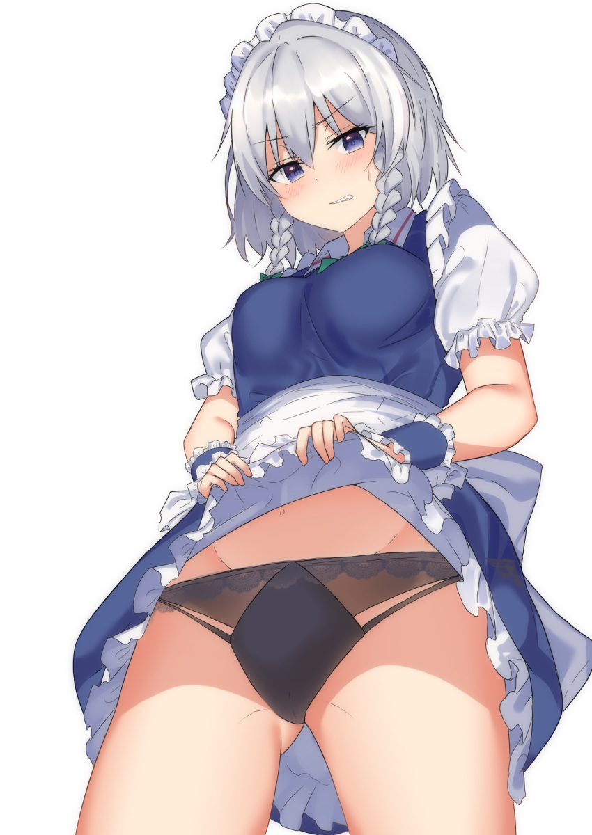 1girl angry apron ass_visible_through_thighs black_panties blouse blue_dress blue_eyes blush bow braid breasts clenched_teeth collared_blouse cowboy_shot dress dress_lift embarrassed frilled_blouse frilled_dress frills from_below green_bow groin hair_between_eyes hair_bow highres izayoi_sakuya kmuccu lifted_by_self looking_at_viewer looking_down maid maid_headdress medium_breasts panties puffy_short_sleeves puffy_sleeves short_hair short_hair_with_long_locks short_sleeves silver_hair simple_background solo teeth thighs touhou twin_braids underwear upskirt waist_apron white_apron white_background white_blouse