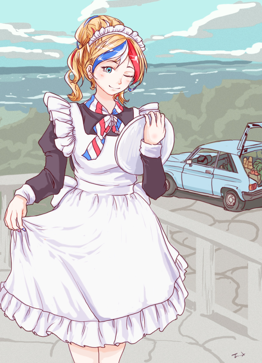 1girl alternate_costume apron bangs black_dress blonde_hair blue_hair blue_sky car clouds commandant_teste_(kantai_collection) commentary_request cowboy_shot day dress dress_lift enmaided frilled_apron frills ground_vehicle highres kantai_collection landscape long_hair looking_at_viewer maid motor_vehicle multicolored_hair outdoors ponytail railing redhead sky solo streaked_hair swept_bangs thrux vehicle_request wavy_hair white_apron white_hair