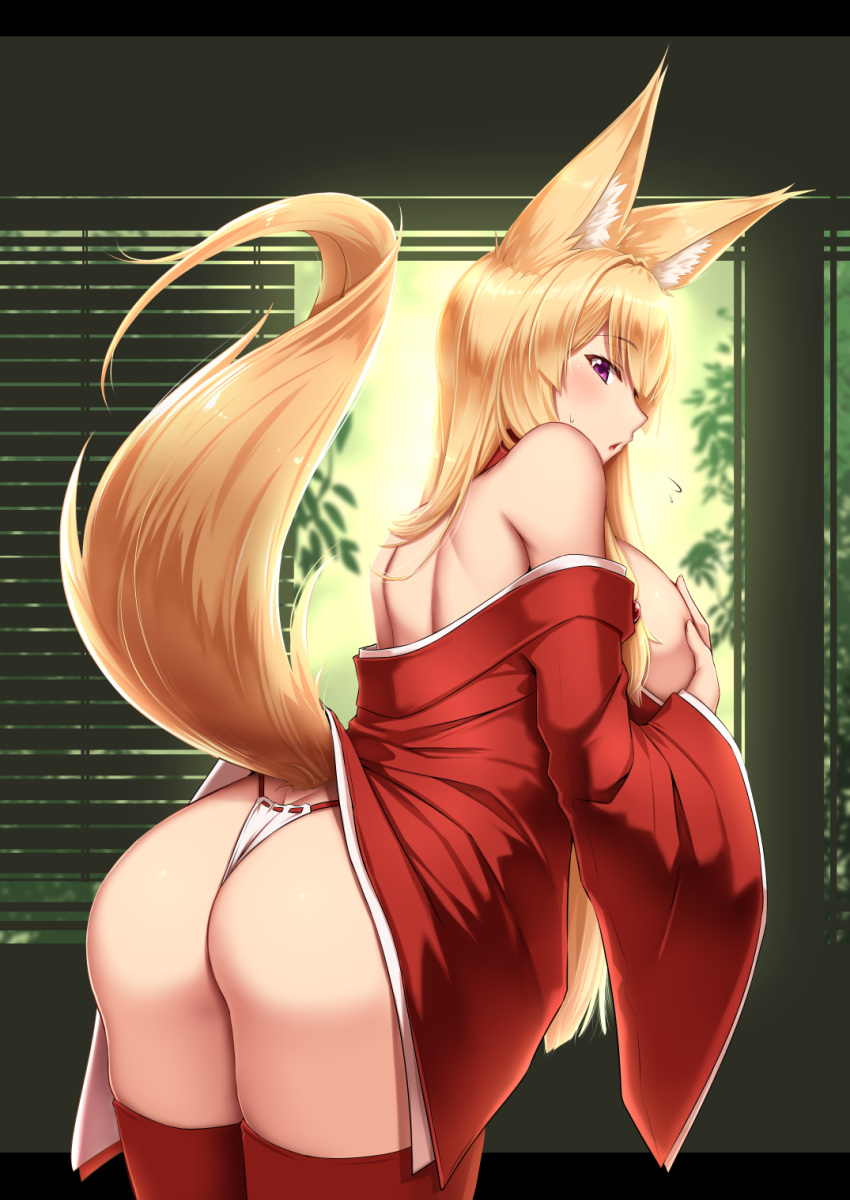 1girl animal_ears ass bangs bare_shoulders blonde_hair blush breasts covering covering_breasts fox_ears fox_girl fox_tail fundoshi highres japanese_clothes large_breasts long_hair looking_at_viewer looking_back off_shoulder open_mouth original red_legwear shuugetsu_karasu solo tail thigh-highs violet_eyes wide_sleeves