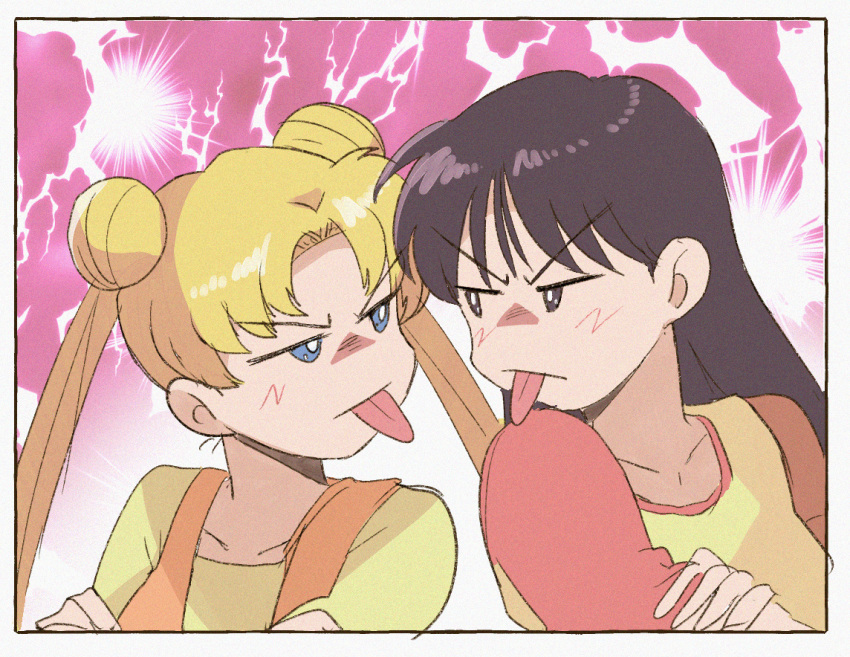 2girls annoyed bangs bishoujo_senshi_sailor_moon black_hair blonde_hair blue_eyes blush border brown_eyes commentary crossed_arms double_bun electricity eyebrows_visible_through_hair face-to-face hino_rei long_hair looking_at_another multiple_girls overalls parted_bangs pink_background shirt straight_hair t-shirt tongue tongue_out tsubobot tsukino_usagi tsurime twintails upper_body yellow_shirt