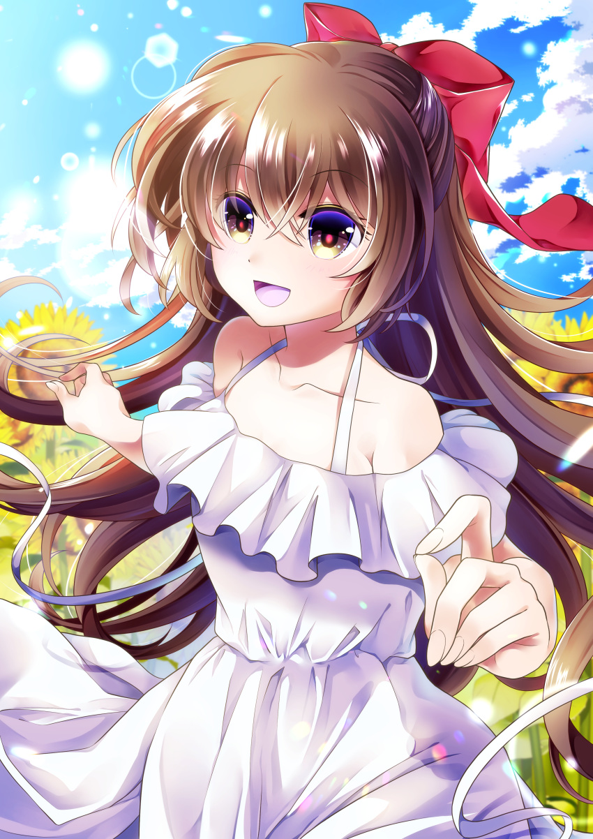 1girl :d absurdres bow brown_hair day dress flower hair_between_eyes hair_bow highres hihooo moe2020 open_mouth original outdoors red_bow smile standing sunflower white_dress