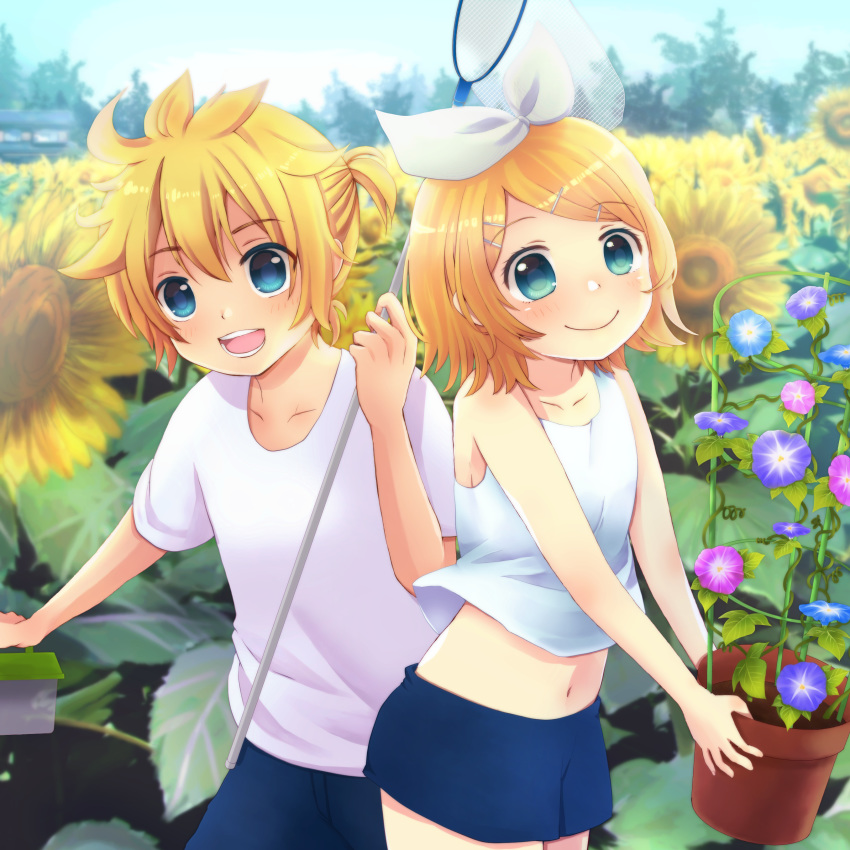 1boy 1girl :d absurdres alice420 bangs blonde_hair blue_eyes blue_shorts blurry blurry_background blush bow breasts brother_and_sister butterfly_net collarbone commentary cowboy_shot crop_top day eyebrows_visible_through_hair flower hair_between_eyes hair_bow hair_ornament hair_ribbon hairclip hand_net highres holding_butterfly_net holding_cage holding_pot kagamine_len kagamine_rin lens_flare looking_at_viewer midriff morning_glory navel open_mouth outdoors plant potted_plant ribbon shirt short_hair short_ponytail short_sleeves shorts siblings sidelocks small_breasts smile standing summer sunflower t-shirt teeth twins vocaloid white_shirt