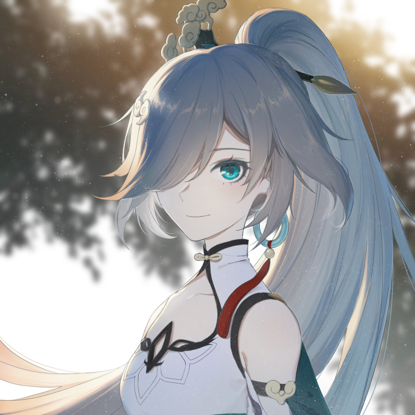 1girl arms_up bangs bare_shoulders blue_earrings blue_eyes blurry blurry_background china_dress chinese_clothes closed_mouth collar day detached_sleeves dress eyebrows eyebrows_visible_through_hair eyelashes fu_hua fu_hua_(azure_empyrea) hair_ornament hairpin highres honkai_(series) honkai_impact_3rd jewelry nose pleated_sleeves rafaelaaa shoulder_cutout silver_hair single_earring smile solo turquoise_(gemstone) white_collar wind