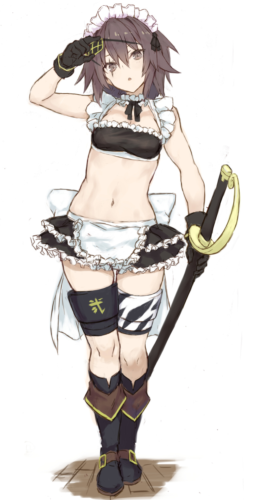 1girl absurdres alternate_costume alternate_eye_color alternate_hair_color apron bikini bikini_top black_bikini black_footwear black_gloves boots breasts choker enmaided eyepatch eyepatch_pull frilled_apron frilled_bikini frilled_choker frills full_body gloves goekawa head_tilt highres holding holding_weapon kantai_collection kiso_(kantai_collection) looking_at_viewer maid maid_apron maid_bikini maid_headdress miniskirt navel open_mouth pulled_by_self scar scar_across_eye short_hair skirt small_breasts standing swimsuit sword thigh_gap thighs waist_apron weapon white_apron