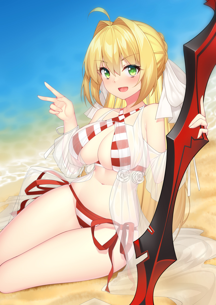 1girl absurdres aestus_estus ahoge beach belly bikini blonde_hair blush breasts cleavage criss-cross_halter eyebrows_visible_through_hair fate/grand_order fate_(series) green_eyes hair_bun hair_intakes halter_top halterneck highres holding_weapon large_breasts nero_claudius_(fate)_(all) nero_claudius_(swimsuit_caster)_(fate) ocean red_bikini side-tie_bikini sitting smile solo striped striped_bikini swimsuit v water wu_yao_jun