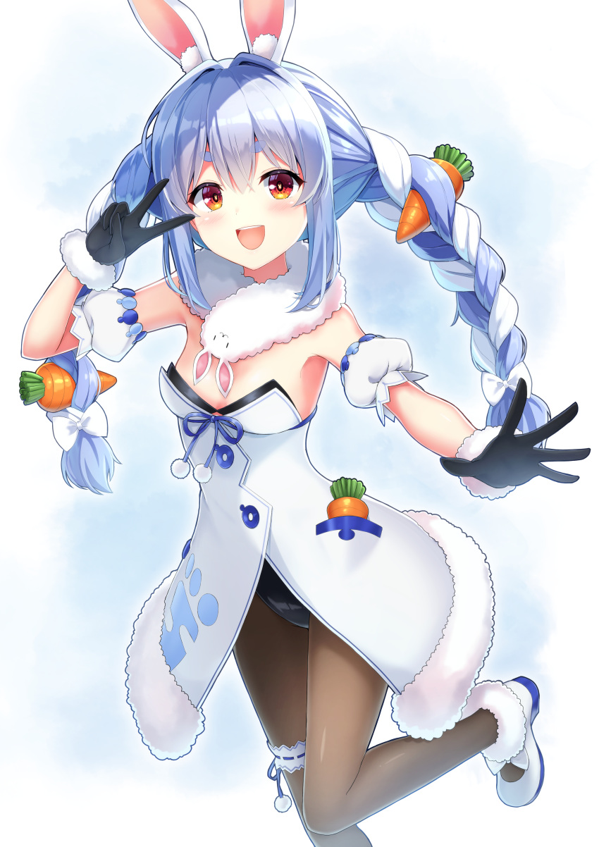 1girl :d absurdres animal_ear_fluff animal_ears bangs black_gloves black_leotard blue_hair blush bow braid breasts brown_legwear carrot_hair_ornament detached_sleeves dress eyebrows_visible_through_hair food_themed_hair_ornament fur-trimmed_dress fur-trimmed_gloves fur_trim gloves hair_between_eyes hair_bow hair_intakes hair_ornament hand_up highres hololive kaie leotard long_hair looking_at_viewer multicolored_hair open_mouth pantyhose puffy_short_sleeves puffy_sleeves rabbit_ears red_eyes shoes short_eyebrows short_sleeves small_breasts smile solo standing standing_on_one_leg strapless strapless_dress strapless_leotard thick_eyebrows twin_braids twintails two-tone_hair upper_teeth usada_pekora v_over_eye very_long_hair virtual_youtuber white_bow white_dress white_footwear white_hair white_sleeves