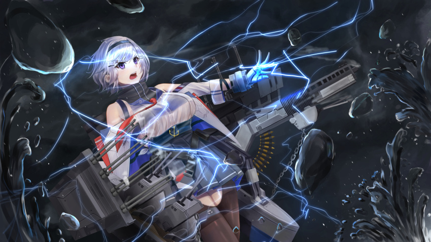 1girl ammunition anchor_symbol azur_lane bangs bare_shoulders barefoot belt beltbra black_belt black_hairband black_legwear breasts chain commentary cowboy_shot crotchless crotchless_pantyhose electricity eyebrows_visible_through_hair grey_hair grey_skirt gun hair_between_eyes hair_ornament hairband hairclip highres jacket large_breasts long_sleeves looking_to_the_side machinery metal_gloves motsushi necktie night open_mouth pantyhose parted_hair red_neckwear reno_(azur_lane) rigging see-through shirt short_hair sidelocks skirt sleeveless sleeveless_shirt smoke solo standing star star_print thigh_strap violet_eyes waves weapon white_jacket