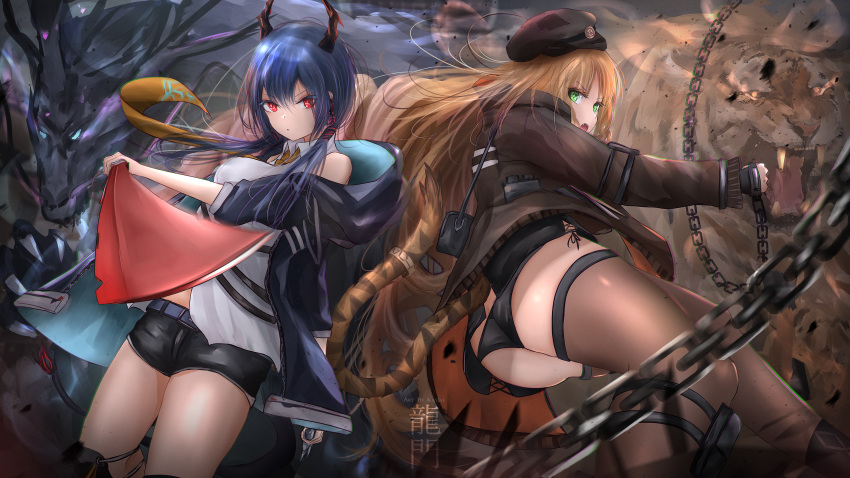 2girls absurdres arknights ass bare_shoulders belt black_gloves black_headwear black_jacket black_panties black_shirt black_shorts blue_hair brown_coat brown_hair brown_legwear ch'en_(arknights) chain coat commentary dragon dragon_horns elite_ii_(arknights) gloves green_eyes hat highres holding horns huge_filesize jacket kayjae24 long_hair looking_at_viewer low_twintails motion_blur multiple_girls necktie off_shoulder open_clothes open_jacket open_mouth panties peaked_cap red_eyes shirt short_shorts shorts side-tie_panties sleeveless sleeveless_shirt swire_(arknights) sword tail thigh-highs thighs tiger tiger_tail twintails underwear weapon white_shirt
