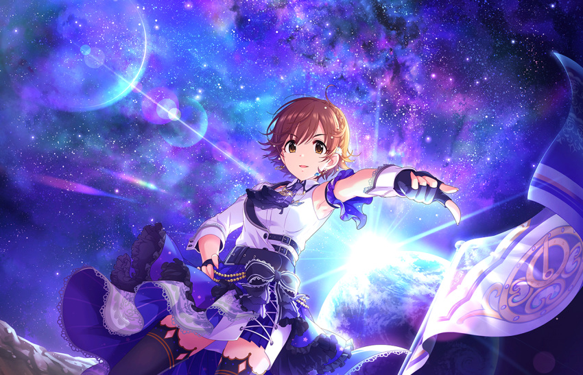 1girl armpits blush brown_eyes brown_hair dress honda_mio idolmaster_cinderella_girls_starlight_stage looking_at_viewer official_art open_mouth short_hair smile solo star_(sky) starry_sky