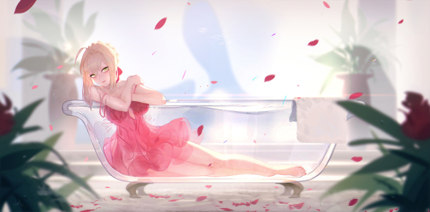 1girl absurdres ahoge backlighting bangs bare_shoulders bath bathing bathtub blonde_hair blush braid breasts closed_mouth collarbone dress fate/extra fate_(series) feet flower french_braid green_eyes hair_intakes hair_ribbon highres konghai_shanren large_breasts legs long_hair looking_at_viewer nero_claudius_(fate) nero_claudius_(fate)_(all) petals plant potted_plant red_dress red_ribbon ribbon short_dress smile water