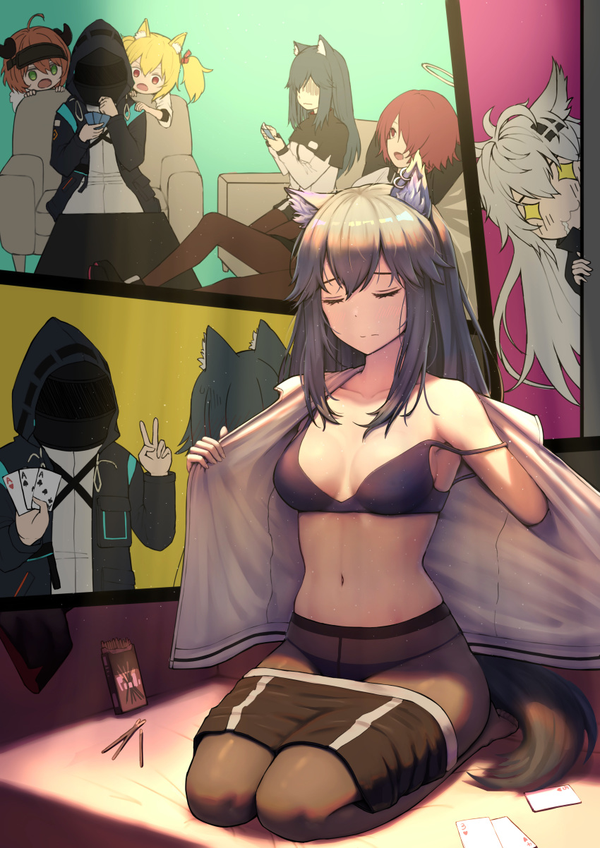 +_+ 1other 5girls :3 absurdres ace_of_clubs ace_of_hearts ace_of_spades ahoge animal_ear_fluff animal_ears arknights bangs bare_shoulders black_bra black_hair black_legwear black_shorts blonde_hair bra breasts card closed_eyes collarbone commentary_request croissant_(arknights) doctor_(arknights) exusiai_(arknights) green_eyes hair_between_eyes hair_ornament hairclip halo highres holding holding_card horns jacket lappland_(arknights) long_hair medium_breasts multiple_girls multiple_views navel open_clothes open_jacket open_mouth orange_hair panties panties_under_pantyhose pantyhose red_eyes redhead seiza shorts shorts_pull silver_hair sitting sora_(arknights) stomach strap_slip tail texas_(arknights) underwear v white_jacket wolf_ears wolf_tail yunkaiming