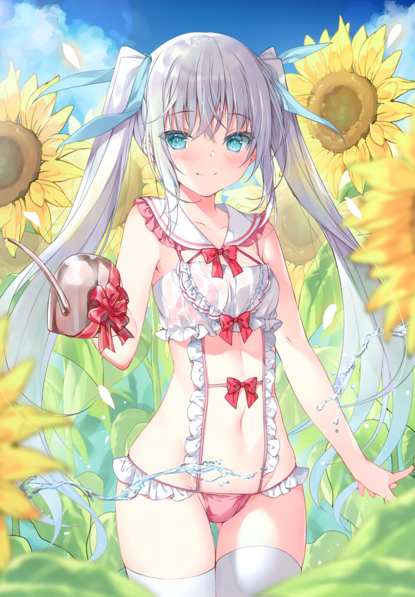 1girl absurdres ass_visible_through_thighs bangs bare_shoulders blue_eyes blue_sky bow breasts closed_mouth clouds cloudy_sky collarbone day eyebrows_visible_through_hair flower frills hair_bow highres holding long_hair looking_at_viewer miwabe_sakura navel original outdoors scan silver_hair sky small_breasts smile solo stomach sunflower thigh-highs thighs twintails water water_drop white_legwear