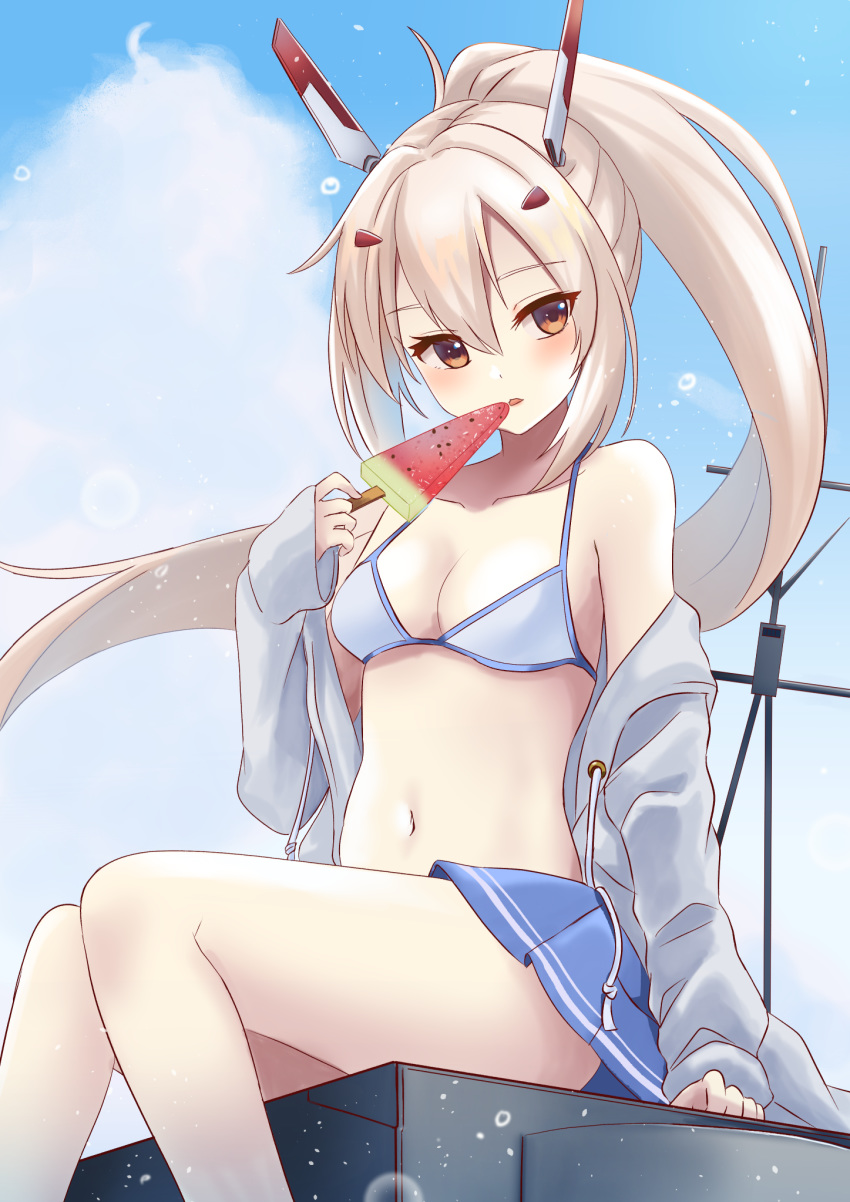 1girl ayanami_(azur_lane) azur_lane bangs bare_shoulders bikini bikini_under_clothes blonde_hair blue_bikini blue_sky blush breasts clouds day eyebrows_visible_through_hair food grey_hoodie hair_between_eyes hair_ornament headgear highres ice_cream jacket john_manjirou_(love-love-happy21) long_hair looking_at_viewer miniskirt navel off_shoulder open_clothes open_jacket outdoors pleated_skirt ponytail sailor_collar sitting skirt sky solo swimsuit