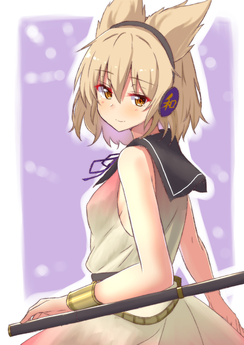 1girl blonde_hair bracer commentary_request earmuffs eyebrows_visible_through_hair highres looking_to_the_side mukkushi neck_ribbon partial_commentary ribbon sailor_collar shirt sleeveless sleeveless_shirt solo touhou toyosatomimi_no_miko yellow_eyes