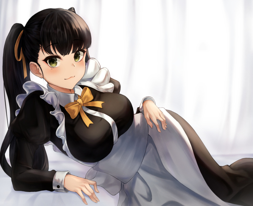 1girl :3 angdo_(kakajo26) apron bangs black_dress black_hair blush bow breasts commentary_request dress green_eyes highres large_breasts long_sleeves looking_at_viewer lying maid maid_apron maid_dress mole mole_under_eye on_side orange_neckwear orange_ribbon original ribbon smile solo twintails
