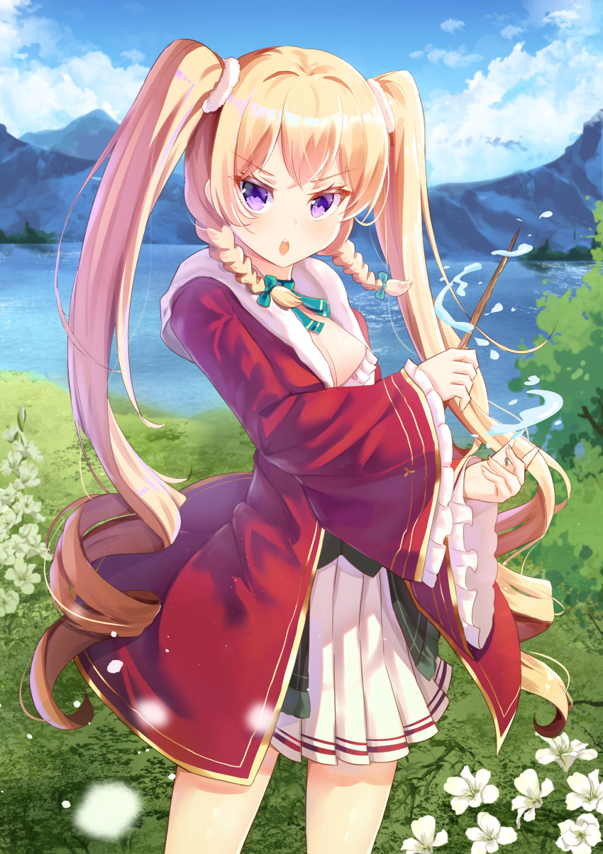 1girl absurdres bangs blonde_hair blue_sky blush bow braid clouds cloudy_sky commentary_request copyright_request day eyebrows_visible_through_hair flower frilled_sleeves frills grass green_bow hair_bow highres holding holding_wand holmemee hood hood_down hooded_robe lake long_hair long_sleeves mountain open_clothes open_mouth open_robe outdoors pleated_skirt red_robe ringlets robe skirt sky solo standing twin_braids twintails upper_teeth v-shaped_eyebrows very_long_hair violet_eyes wand water white_flower white_skirt wide_sleeves