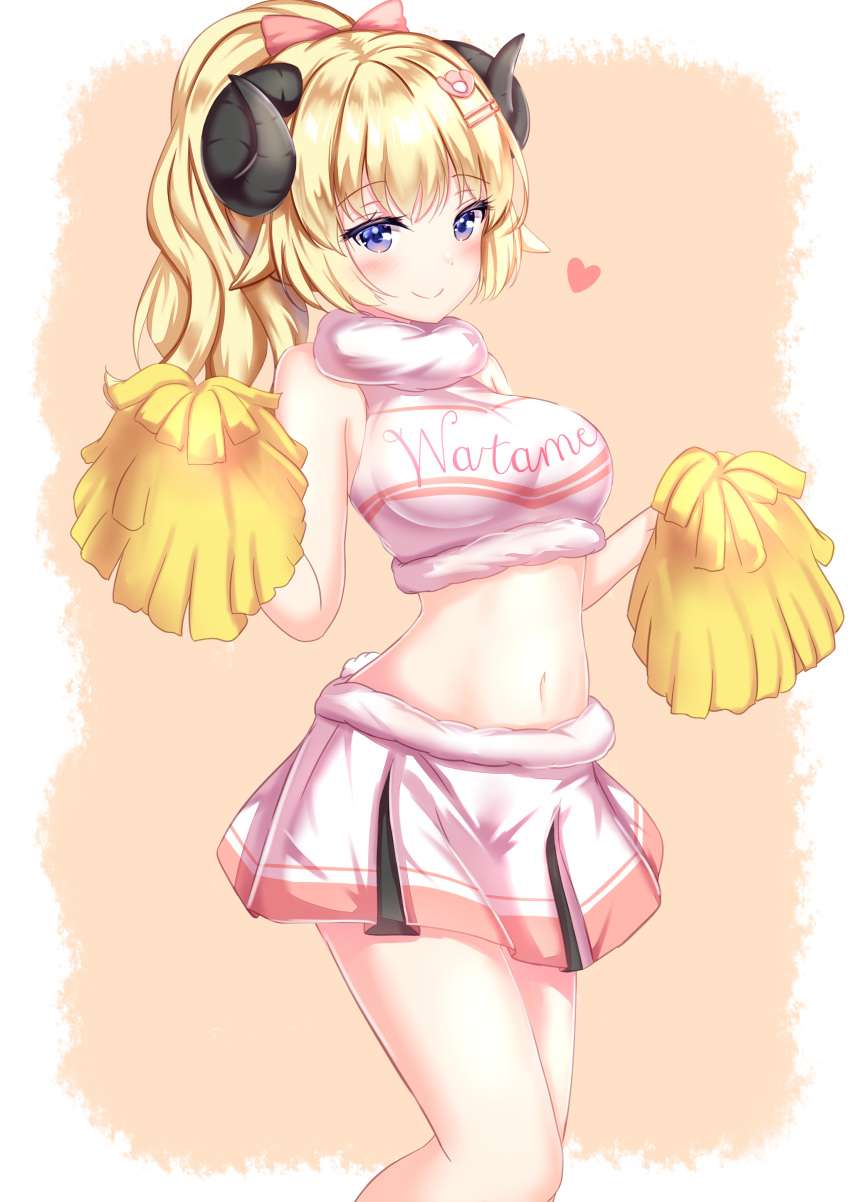 1girl absurdres bare_shoulders blonde_hair blue_eyes bow breasts cheerleader clothes_writing crop_top curled_horns fur_trim hair_bow hair_ornament hairclip heart highres holding_pom_poms hololive horns large_breasts long_hair looking_at_viewer midriff miniskirt navel pleated_skirt ponytail sheep_horns shirt skirt sleeveless sleeveless_shirt smile solo standing stomach thighs tsunomaki_watame virtual_youtuber white_shirt white_skirt yuano