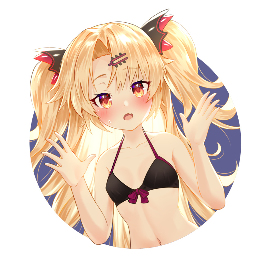 1girl akatsuki_uni arms_up bangs bettle_(b_s_a_n) bikini black_bikini blonde_hair blush collarbone eyebrows_visible_through_hair fang flat_chest hair_ornament hairclip highres long_hair looking_at_viewer open_hands open_mouth red_eyes skin_fang solo sweatdrop swept_bangs swimsuit transparent_background two_side_up uni_channel
