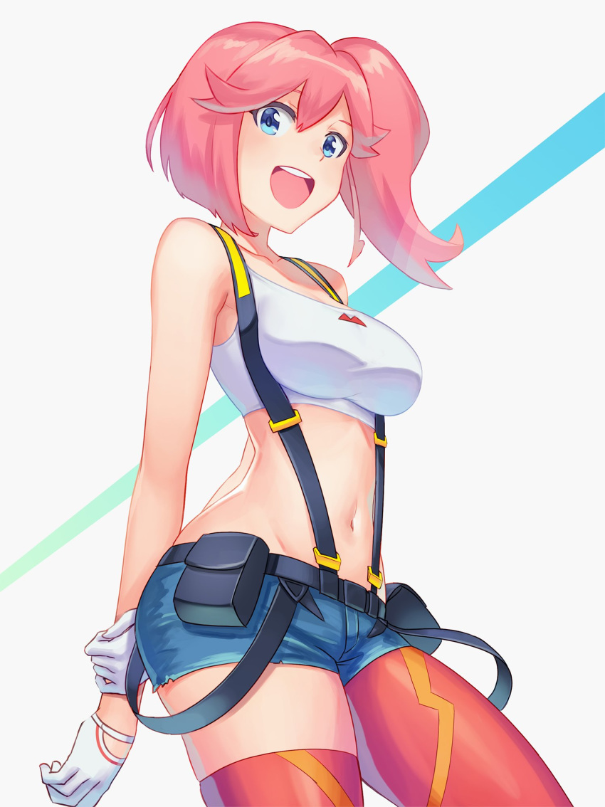 1girl :d aina_ardebit anbe_yoshirou armpit_crease arms_behind_back asymmetrical_legwear bare_arms bare_shoulders belt belt_pouch blue_eyes blue_shorts breasts collarbone cowboy_shot crop_top denim denim_shorts gloves groin highres large_breasts long_hair looking_at_viewer midriff navel open_mouth pink_hair pouch promare red_legwear shirt short_shorts shorts side_ponytail sleeveless sleeveless_shirt smile solo standing stomach suspenders thigh-highs white_background white_gloves white_shirt