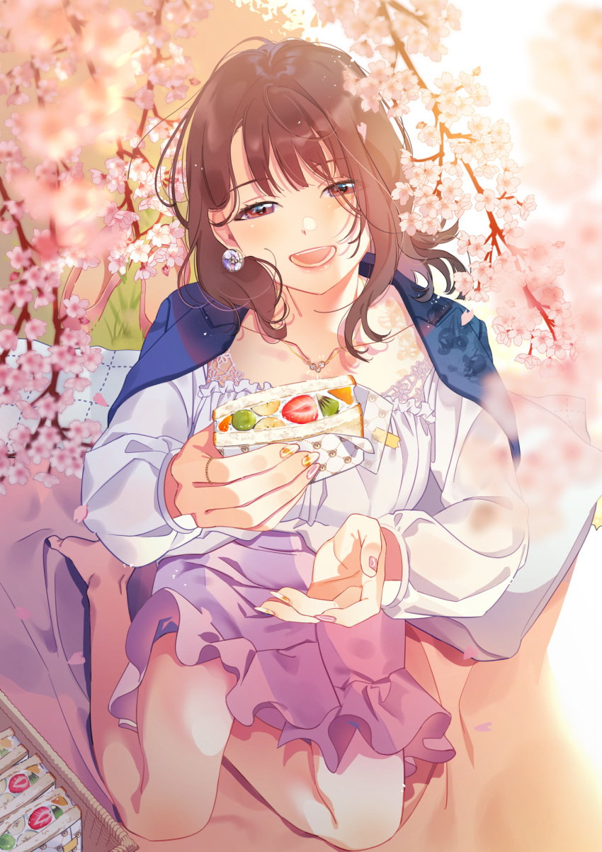 1girl :d bangs barefoot basket blanket bloom blouse blue_jacket blurry breasts brown_hair cherry_blossoms collarbone day depth_of_field earrings fingernails food frilled_blouse frilled_skirt frills from_above fruit fruit_sandwich giving glint grass half-closed_eyes hanami hands_up highres holding holding_food incoming_food jacket jacket_on_shoulders jewelry light_particles lips looking_at_viewer multicolored multicolored_nails myaku_(artist) necklace on_ground open_mouth original outdoors petals picnic picnic_basket pillow purple_skirt sandwich sitting skirt smile solo sunlight wavy_hair white_blouse yokozuwari