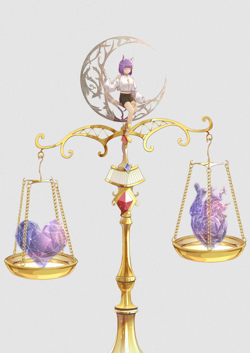 1girl absurdres animal_ears ankh bangs blunt_bangs closed_eyes crescent crystal facing_viewer guitaro_(yabasaki_taro) heart highres jewelry long_sleeves necklace original purple_hair short_hair shorts simple_background sitting solo weighing_scale yellow_footwear