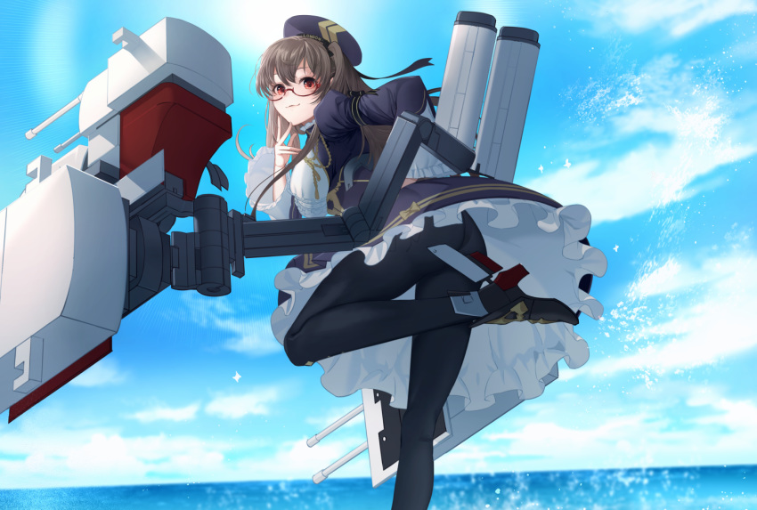 1girl :3 ahoge aiguillette arm_ribbon ass azur_lane bangs beret blue_dress blue_headwear blue_sky blush breasts brown_hair commentary_request cowboy_shot day dress eyebrows_behind_hair finger_to_chin framed_breasts frilled_dress frilled_shirt_collar frilled_sleeves frills from_behind glasses hair_between_eyes hand_on_hip hat high_heels large_breasts london_(azur_lane) long_hair long_sleeves looking_at_viewer machinery masoo ocean outdoors pantyhose red-framed_eyewear red_eyes retrofit_(azur_lane) ribbon rigging rudder_footwear semi-rimless_eyewear sidelocks sky smile smokestack solo standing standing_on_one_leg turret twintails under-rim_eyewear wide_sleeves