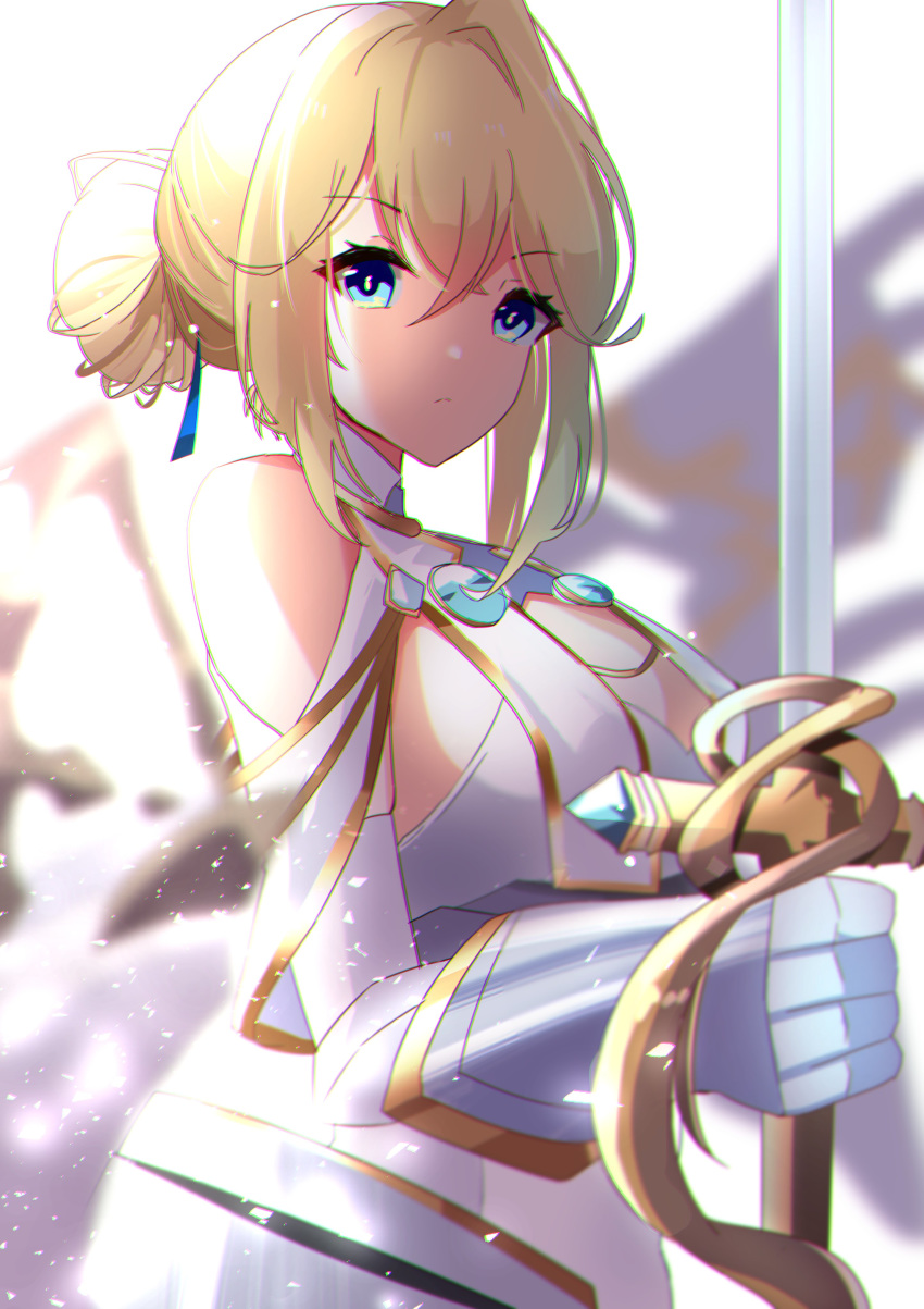1girl absurdres armor azur_lane bangs blonde_hair blue_eyes blue_ribbon breasts commentary_request expressionless gauntlets hair_bun highres jeanne_d'arc_(azur_lane) large_breasts looking_at_viewer rapier ribbon sanba_tsui solo sword weapon