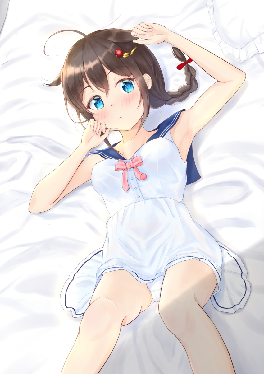 1girl ahoge aomi_one bangs bed_sheet blue_eyes blush braid breasts brown_hair commentary_request dress eyebrows_visible_through_hair hair_between_eyes hair_flaps hair_ornament highres kantai_collection looking_at_viewer lying medium_hair on_back panties pantyshot pillow sailor_dress shigure_(kantai_collection) sidelocks single_braid sleeveless sleeveless_dress small_breasts solo underwear white_dress white_panties