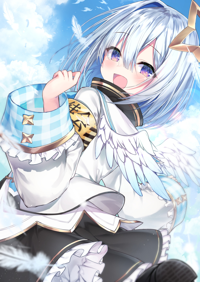 1girl :d amane_kanata armband bangs black_footwear black_skirt blue_sky blue_wings blush clouds cloudy_sky commentary_request day dutch_angle eyebrows_visible_through_hair feathered_wings frilled_skirt frills from_side gradient gradient_wings hair_between_eyes hair_ornament highres hololive jacket long_sleeves looking_at_viewer looking_to_the_side multicolored multicolored_wings open_mouth outdoors plaid shoe_soles silver_hair skirt sky smile solo topia violet_eyes virtual_youtuber white_feathers white_jacket white_wings wide_sleeves wings