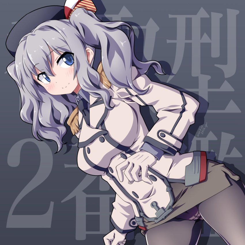 1girl 547th_sy background_text black_legwear black_neckwear blue_eyes breasts collared_shirt commentary_request cosplay cowboy_shot epaulettes frilled_sleeves frills gloves grey_background highres jacket kantai_collection kashima_(kantai_collection) katori_(kantai_collection) katori_(kantai_collection)_(cosplay) large_breasts long_sleeves military military_jacket military_uniform necktie panties panties_under_pantyhose pantyhose pantyshot pencil_skirt shirt sidelocks silver_hair skirt solo twintails underwear uniform wavy_hair white_gloves white_jacket
