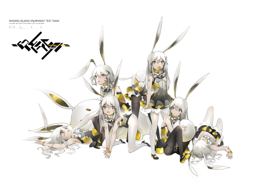 6+girls absurdres all_fours amiya_(arknights) animal_ears arknights bangs black_dress black_footwear black_legwear black_leotard brown_eyes bunny_tail candy commentary_request dress eyebrows_visible_through_hair food food_in_mouth grey_hair hair_between_eyes high_heels highres leotard lollipop long_hair lying mouth_hold multiple_girls multiple_persona on_back on_stomach open_mouth pantyhose pleated_dress rabbit_ears rabbit_girl shinnasuka025 shoes standing stuffed_animal stuffed_bunny stuffed_toy tail very_long_hair white_background white_legwear