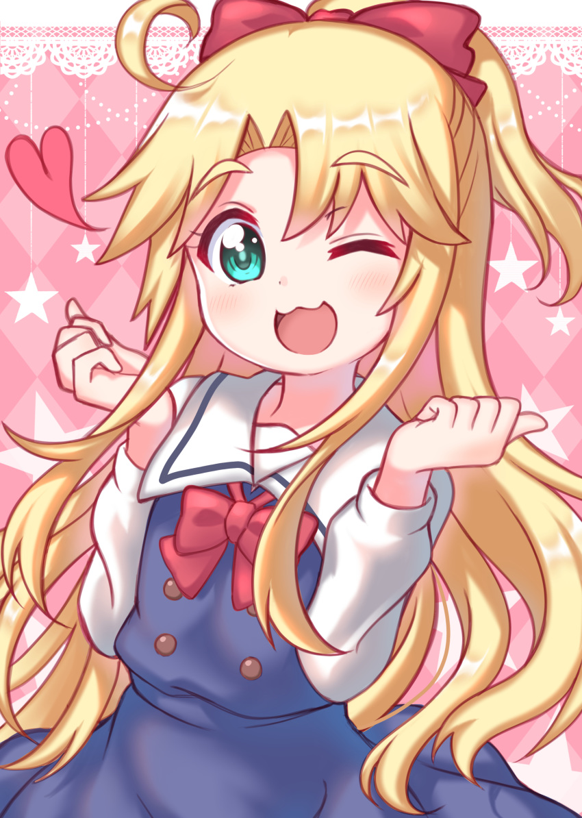 1girl ;d absurdres ahoge blonde_hair blush bow commentary_request eyebrows_visible_through_hair green_eyes hair_bow hands_uo highres himesaka_noa long_hair long_sleeves looking_at_viewer one_eye_closed open_mouth pink_background red_bow sailor_collar school_uniform smile solo star starry_background usagi_koushaku watashi_ni_tenshi_ga_maiorita! white_sailor_collar