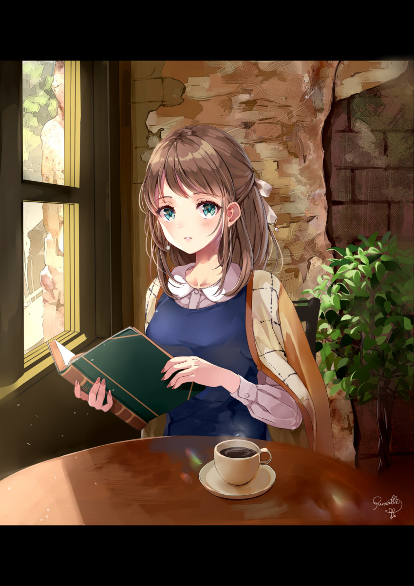 1girl blanket blue_dress blue_eyes blush book bow brick_wall brown_hair coffee collared_shirt commentary_request cup dress dress_shirt hair_bow highres holding holding_book indoors letterboxed long_hair long_sleeves open_book original parted_lips puracotte shirt signature sitting sleeveless sleeveless_dress solo steam table white_bow white_shirt window