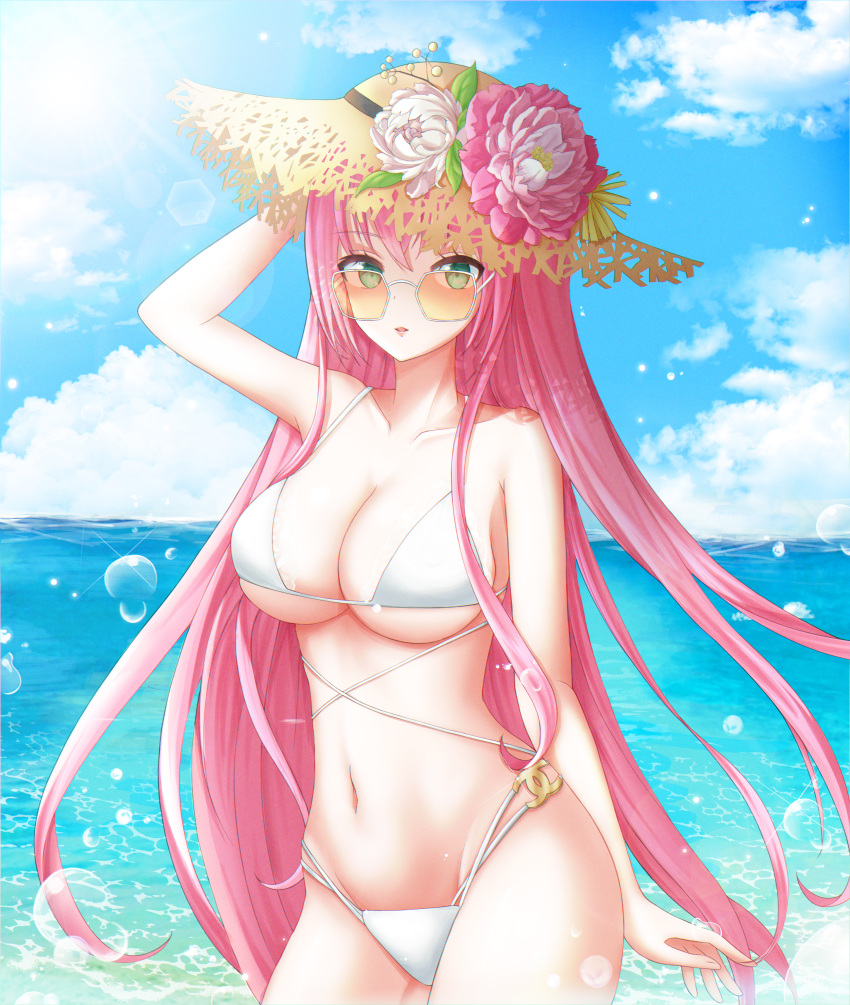 1girl absurdres arm_up azur_lane bare_shoulders bikini blue_sky breasts bubble chanel clouds day flower green_eyes groin hair_between_eyes hat hat_flower highleg highleg_bikini highres horns huge_filesize kuma_9180 large_breasts long_hair looking_at_viewer navel ocean open_mouth pink_hair sky solo sparkle standing straw_hat sunglasses sunlight surcouf_(azur_lane) swimsuit under_boob white_bikini