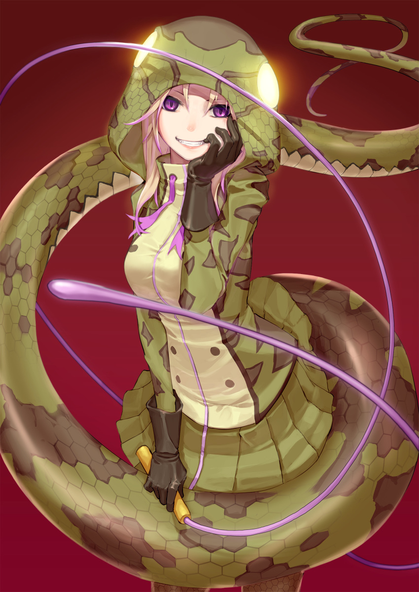 1girl african_rock_python_(kemono_friends) animal_print black_gloves blonde_hair commentary_request don3 drawstring fangs gloves glowing green_skirt grin hand_on_own_cheek hand_on_own_face hand_up highres holding holding_whip hood hood_up hooded_jacket jacket kemono_friends long_hair long_sleeves long_tail looking_at_viewer miniskirt multicolored_hair pantyhose pink_hair pleated_skirt print_jacket skirt smile snake_print snake_tail solo tail twisted_torso two-tone_hair violet_eyes whip zipper