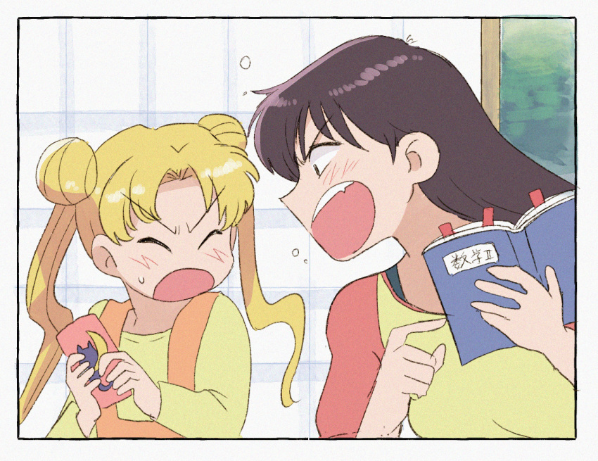 2girls bangs bishoujo_senshi_sailor_moon black_hair blonde_hair blush book bookmark brown_eyes cellphone closed_eyes commentary day double_bun fang from_side hino_rei holding holding_book holding_phone indoors long_hair looking_at_another multiple_girls open_door open_mouth overalls parted_bangs phone profile shirt shouting sliding_doors smartphone straight_hair sweatdrop textbook tsubobot tsukino_usagi twintails yellow_shirt