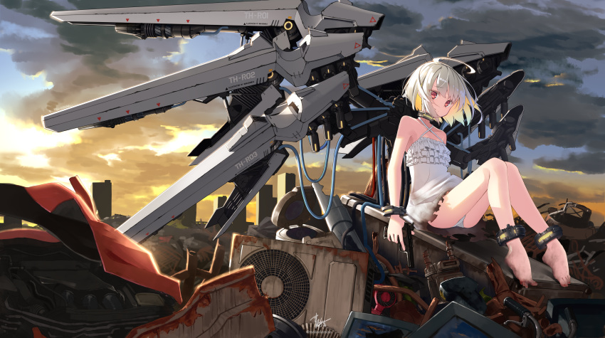 1girl absurdres ahoge air_conditioner bangs bare_shoulders barefoot blonde_hair closed_mouth clouds cloudy_sky collarbone commentary_request criss-cross_halter dirty dirty_clothes dirty_feet dress eyebrows_visible_through_hair halterneck highres junk knees_up makadamixa mecha_musume multicolored_hair original outdoors red_eyes signature silver_hair sitting sky smile solo sunset toilet torn_clothes torn_dress twitter_username two-tone_hair white_dress