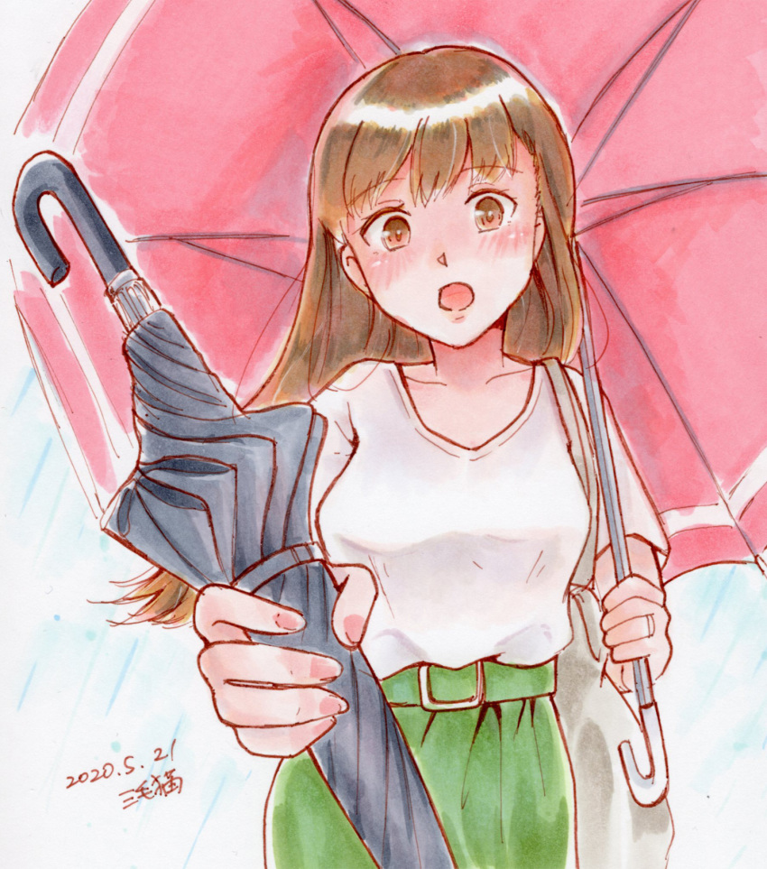 1girl bag blue_background blush breasts brown_eyes brown_hair dated green_skirt highres jewelry kantai_collection long_hair looking_at_viewer marker_(medium) ooi_(kantai_collection) rain ring shirt signature skirt solo traditional_media umbrella wedding_band white_shirt