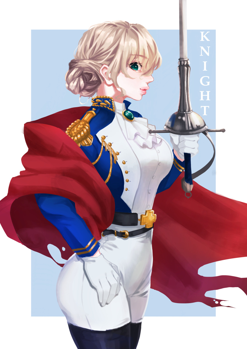 1girl absurdres black_legwear blonde_hair brooch cape epaulettes gloves hair_up hand_on_hip highres holding holding_sword holding_weapon jewelry knight konpeito_416 lips long_sleeves military military_uniform original profile red_cape short_hair standing sword thigh-highs uniform weapon white_gloves white_neckwear