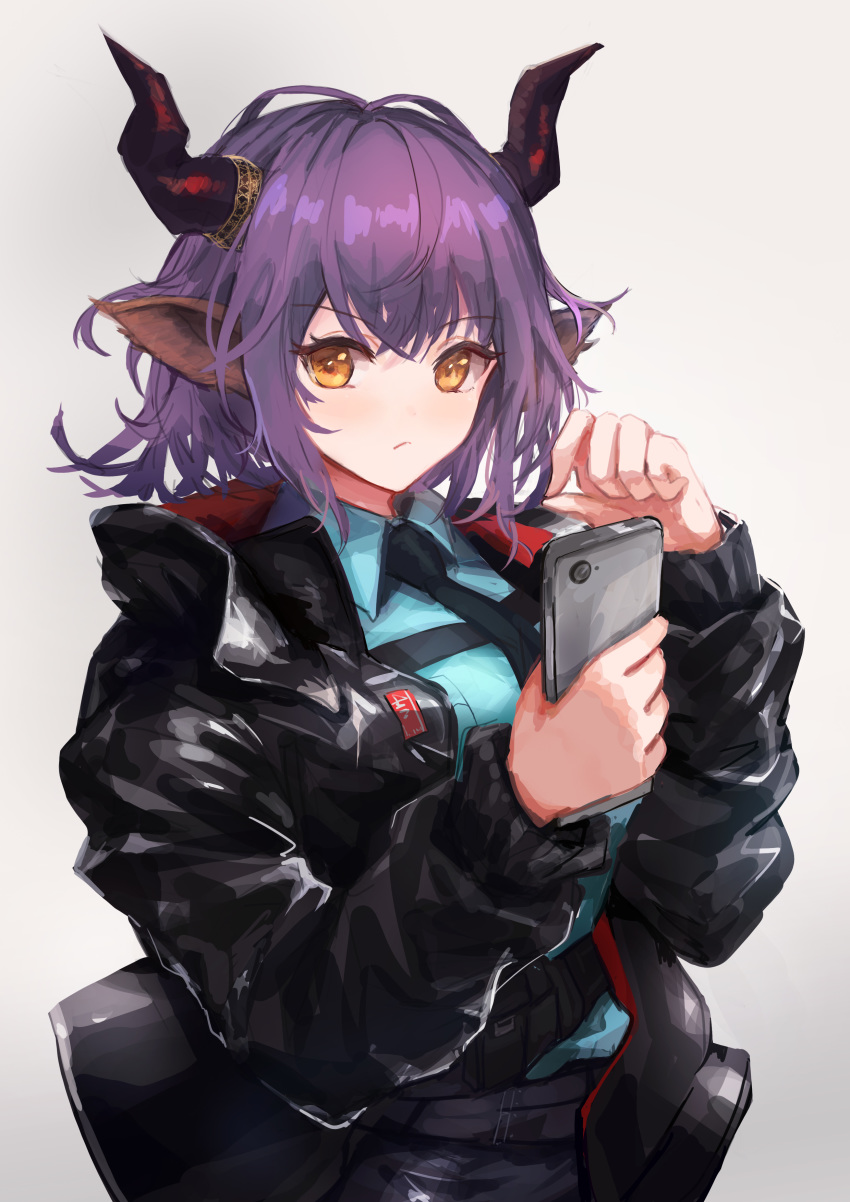 1girl absurdres arknights bangs black_jacket black_neckwear blue_shirt brown_eyes cellphone eyebrows_visible_through_hair grey_background hair_between_eyes hands_up highres holding holding_phone horns jacket long_sleeves looking_at_viewer necktie open_clothes open_jacket phone purple_hair shirt short_hair sideroca_(arknights) simple_background smartphone solo trrcmb upper_body