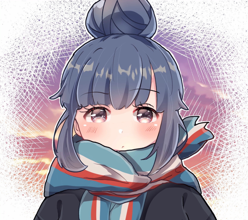 1girl bangs beanie blue_hair blush closed_mouth eyebrows_visible_through_hair hair_bun hat highres scarf shima_rin sorimachi-doufu striped striped_scarf winter_clothes yurucamp