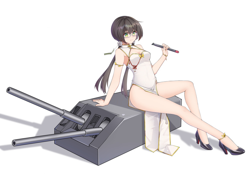 1girl absurdres black_footwear black_hair breasts cannon china_dress chinese_clothes cleavage_cutout dress glasses green_eyes high_heels highres holding holding_torpedo ironmarch long_hair low_twintails pelvic_curtain side_slit sitting sleeveless sleeveless_dress small_breasts solo torpedo turret twintails warship_girls_r white_dress