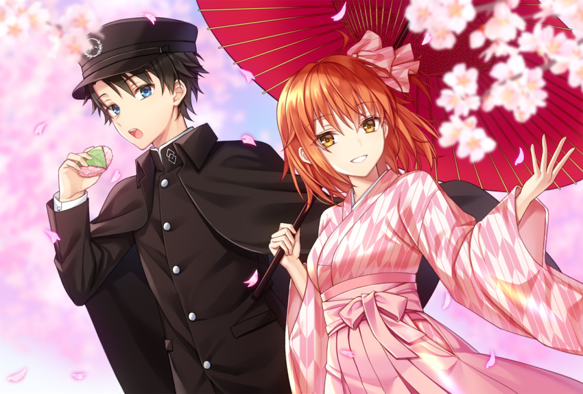 1boy 1girl ahoge bangs black_cape black_headwear black_jacket breasts brown_hair cape cherry_blossoms commentary_request eyebrows_visible_through_hair fate/grand_order fate_(series) food fujimaru_ritsuka_(female) fujimaru_ritsuka_(male) hair_ornament hair_ribbon holding holding_food holding_umbrella jacket japanese_clothes kimono long_sleeves looking_at_viewer medium_breasts orange_eyes orange_hair oriental_umbrella outdoors pink_kimono pink_ribbon red_umbrella ribbon scrunchie shino_skk short_hair side_ponytail smile umbrella