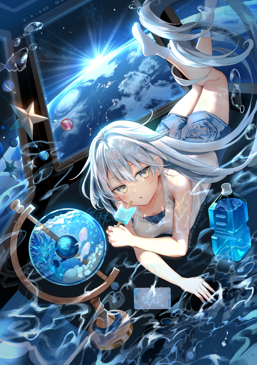 1girl absurdres bare_arms bare_shoulders blue_nails blue_shorts blue_theme bottle breasts fish fishbowl food highres holding huge_filesize kouyafu legs_up light_rays long_hair looking_at_viewer lying medium_breasts nail_polish on_stomach original parted_lips planet popsicle shirt short_shorts shorts silver_hair sleeveless sleeveless_shirt smoke socks solo star sunbeam sunlight thighs very_long_hair water_bottle white_legwear white_shirt yellow_eyes
