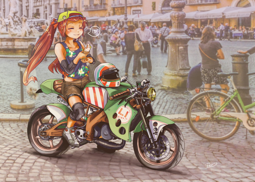 absurdres alternate_costume aprilia_rs125 arm_warmers backwards_hat baseball_cap black_shirt brown_footwear brown_hair closed_eyes commentary_request food grey_footwear ground_vehicle hat headwear_removed helmet helmet_removed highres ice_cream kantai_collection knee_pads libeccio_(kantai_collection) long_hair motor_vehicle motorcycle motorcycle_helmet photo_background riding shirt shoes sneakers solo_focus tan tank_top thrux twintails