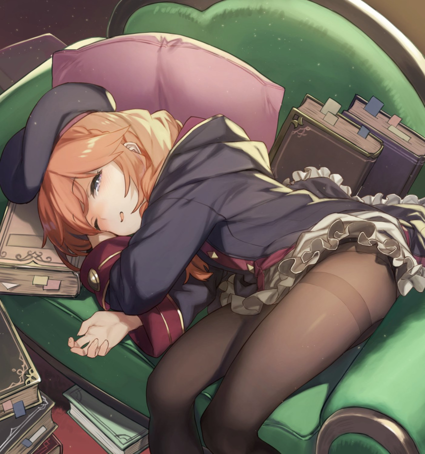 1girl 92m book couch highres long_hair lying on_side one_eye_closed pantyhose pillow princess_connect! princess_connect!_re:dive school_uniform skirt solo violet_eyes yuni_(princess_connect!)