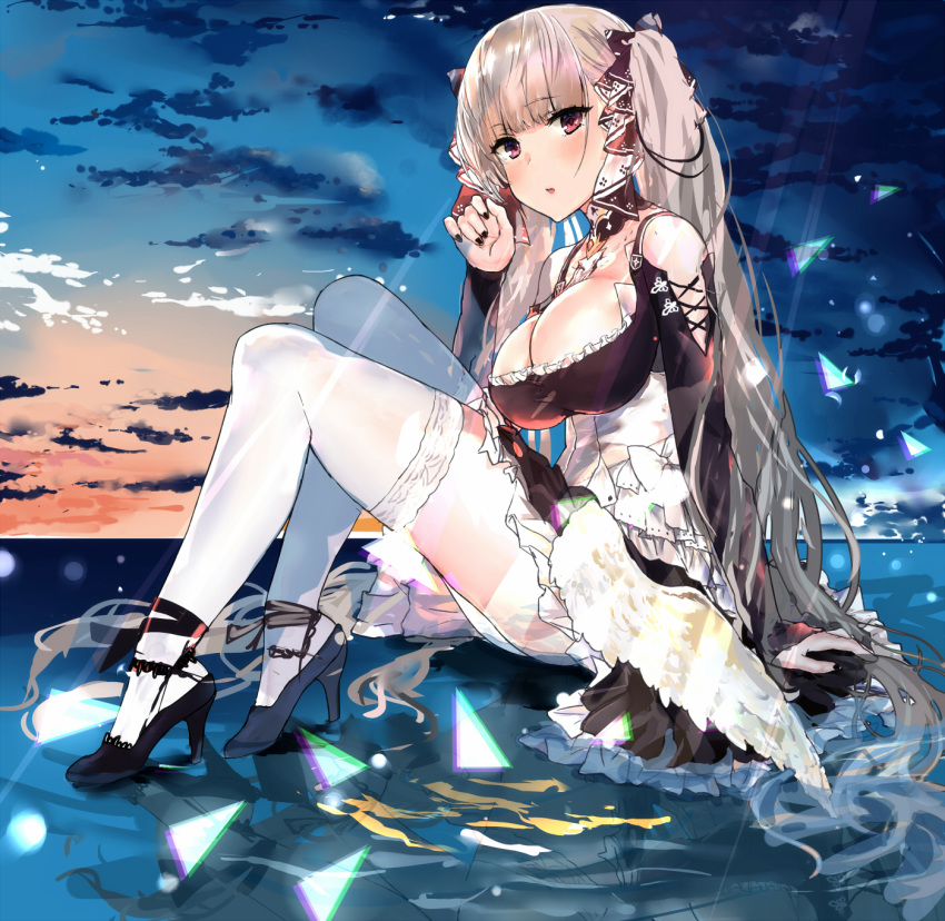 1girl azur_lane black_footwear blush breasts dress formidable_(azur_lane) hair_ornament hair_ribbon hand_on_lap hand_up high_heels highres large_breasts long_hair looking_at_viewer maid maid_dress maid_headdress manicure ocean ocean_bottom red_eyes ribbon shoes silver_hair sitting solo temir thigh-highs thighs very_long_hair water white_legwear