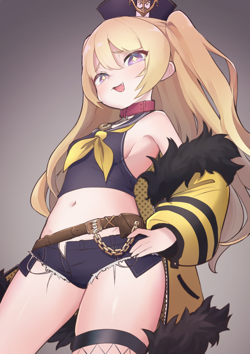 +_+ 1girl absurdres artist_request azur_lane bache_(azur_lane) bangs bare_shoulders black_sailor_collar blonde_hair blush breasts crop_top fang fur-trimmed_jacket fur_trim hat highres jacket long_hair long_sleeves looking_at_viewer micro_shorts midriff navel neckerchief off_shoulder open_clothes open_jacket open_mouth pink_collar sailor_collar shorts small_breasts smile two_side_up violet_eyes yellow_jacket yellow_neckwear